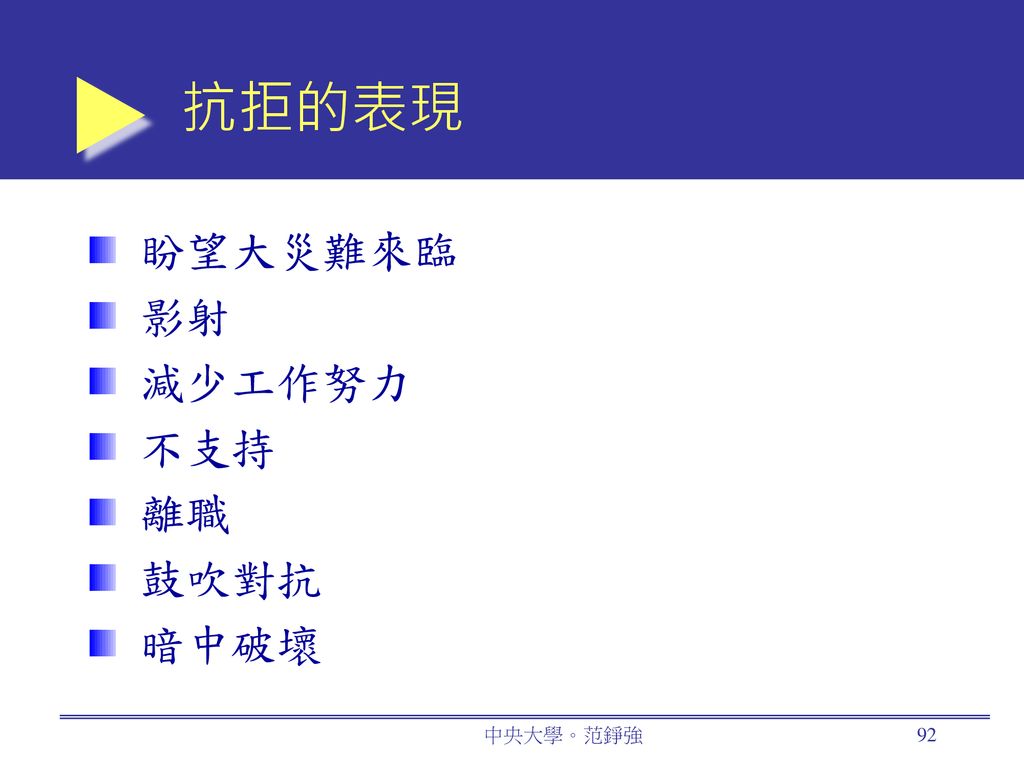 抗拒的表現 盼望大災難來臨 影射 減少工作努力 不支持 離職 鼓吹對抗 暗中破壞 中央大學。范錚強