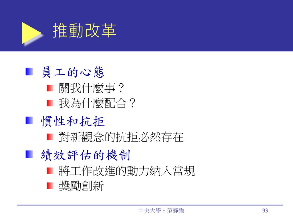 推動改革 員工的心態 慣性和抗拒 績效評估的機制 關我什麼事？ 我為什麼配合？ 對新觀念的抗拒必然存在 將工作改進的動力納入常規 獎勵創新