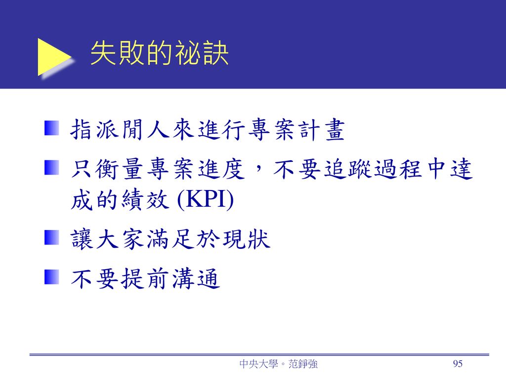 失敗的祕訣 指派閒人來進行專案計畫 只衡量專案進度，不要追蹤過程中達成的績效 (KPI) 讓大家滿足於現狀 不要提前溝通 中央大學。范錚強