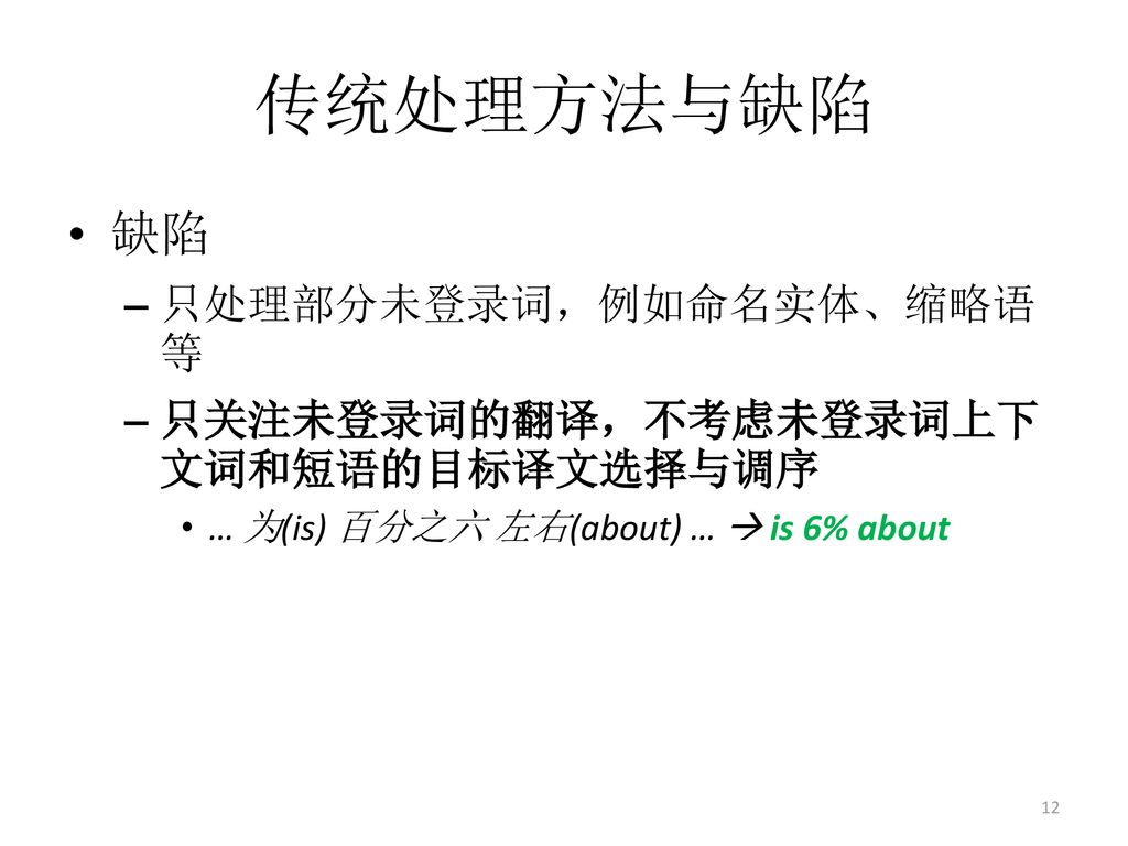 传统处理方法与缺陷 缺陷 只处理部分未登录词，例如命名实体、缩略语等 只关注未登录词的翻译，不考虑未登录词上下文词和短语的目标译文选择与调序