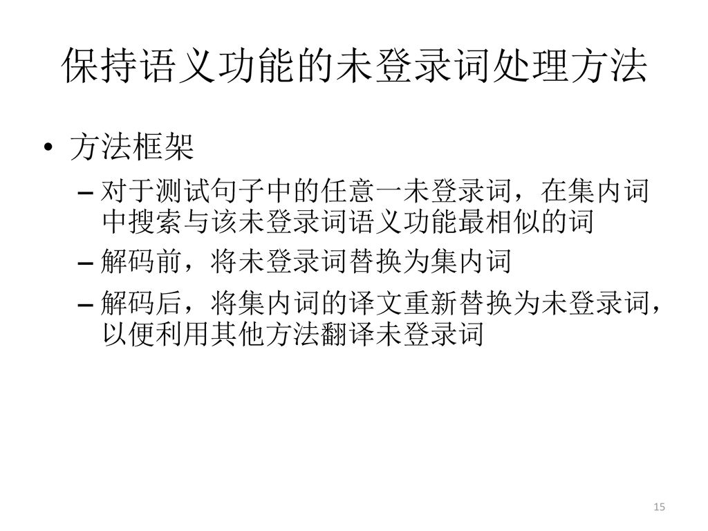 保持语义功能的未登录词处理方法 方法框架 对于测试句子中的任意一未登录词，在集内词中搜索与该未登录词语义功能最相似的词