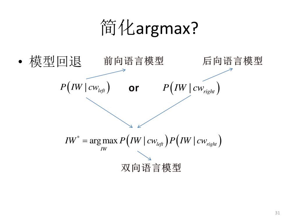 简化argmax 模型回退 前向语言模型 后向语言模型 or 双向语言模型