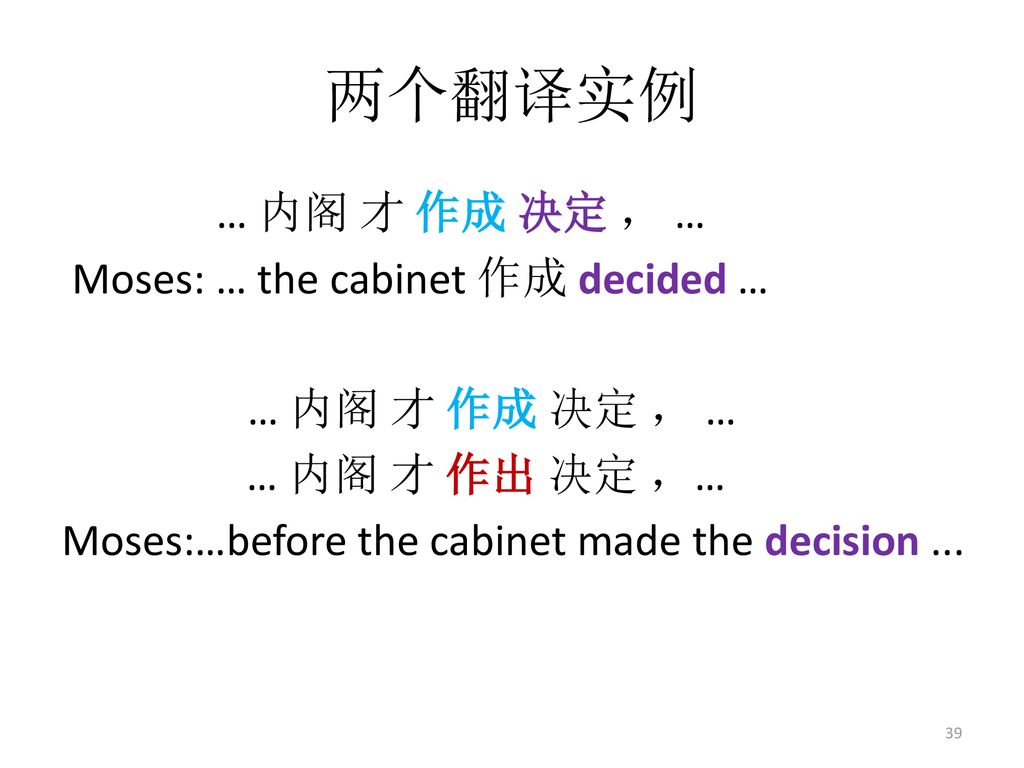 两个翻译实例 … 内阁 才 作成 决定 ， … Moses: … the cabinet 作成 decided … … 内阁 才 作出 决定 ，… Moses:…before the cabinet made the decision ...