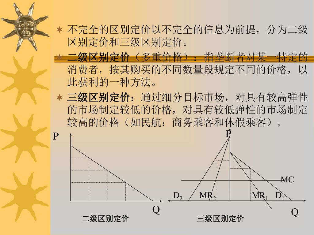 不完全的区别定价以不完全的信息为前提，分为二级区别定价和三级区别定价。