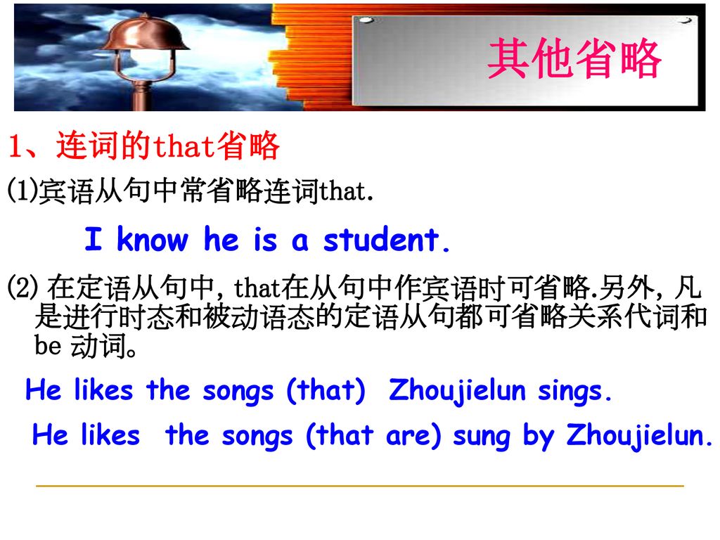 其他省略 1、连词的that省略 宾语从句中常省略连词that. I know he is a student.