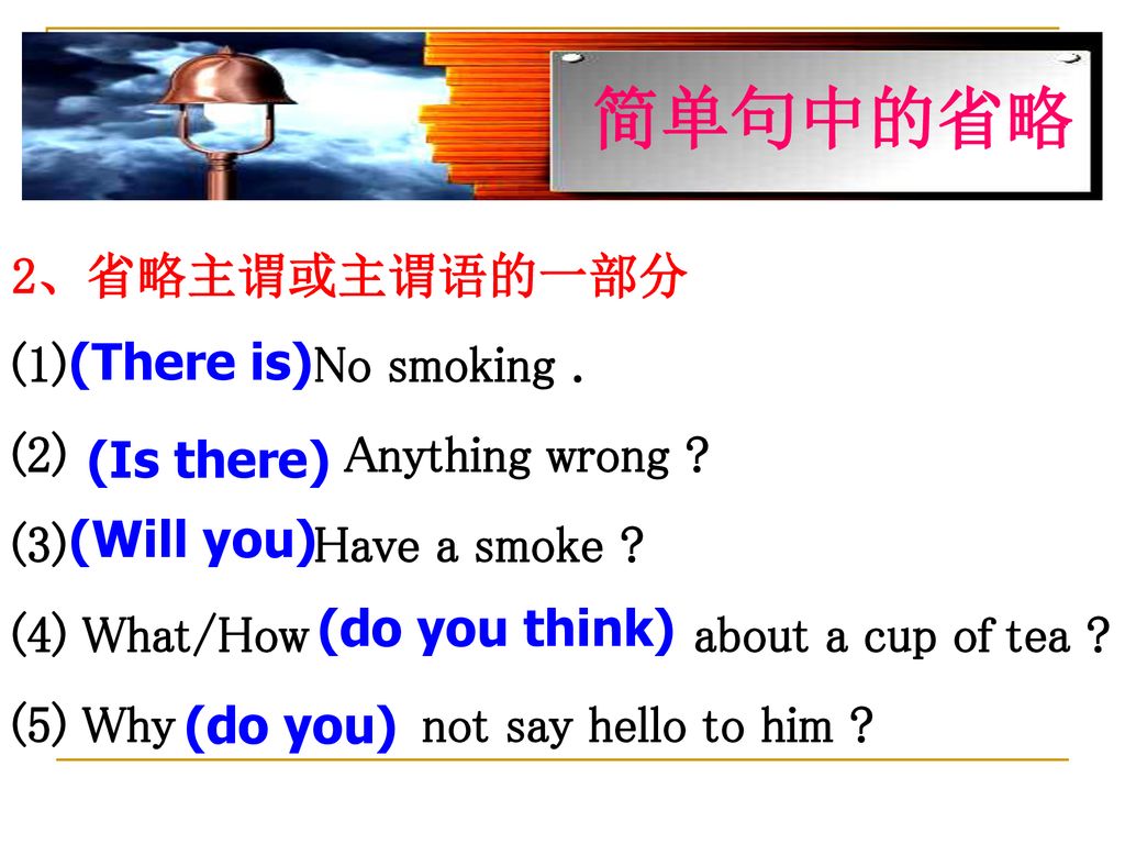 简单句中的省略 2、省略主谓或主谓语的一部分 (1) No smoking . (2) Anything wrong