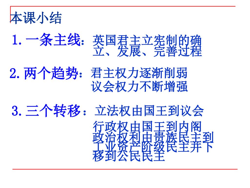 1.一条主线 2.两个趋势 3.三个转移 本课小结 ：英国君主立宪制的确 立、发展、完善过程 ：君主权力逐渐削弱 议会权力不断增强