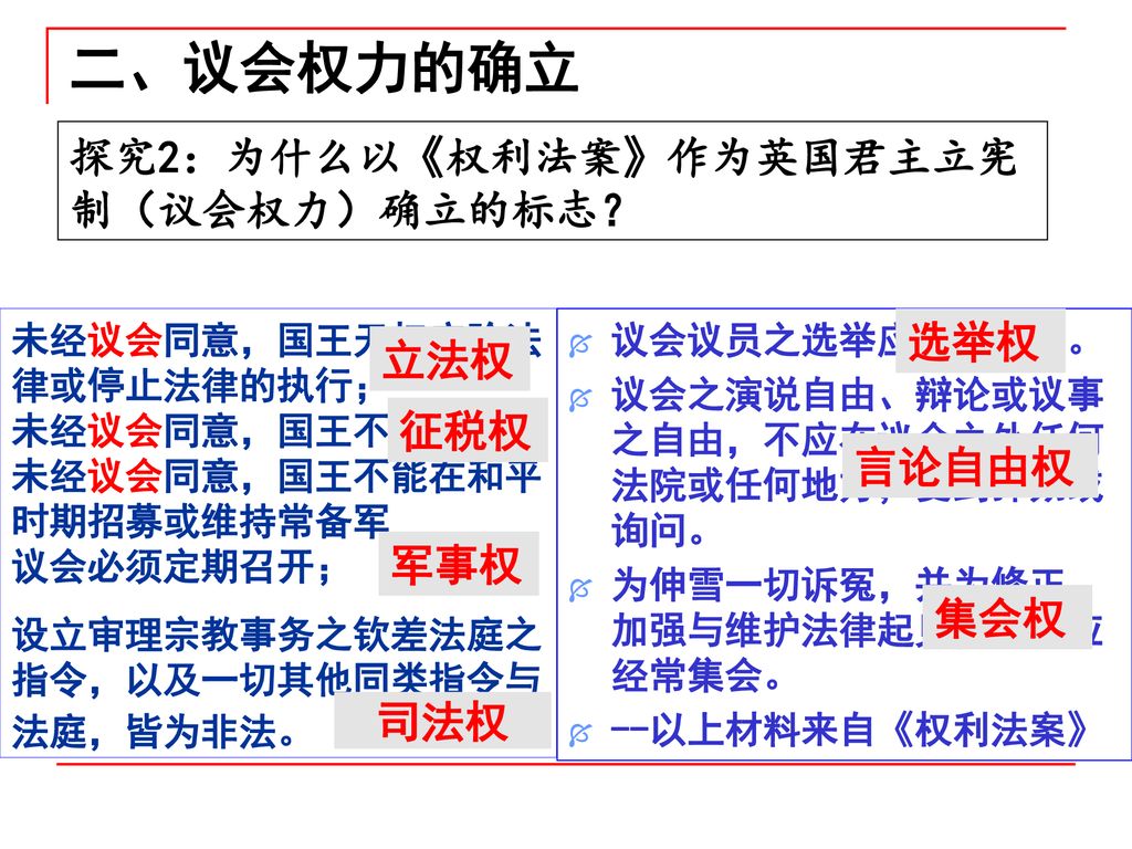 二、议会权力的确立 探究2：为什么以《权利法案》作为英国君主立宪制（议会权力）确立的标志？ 选举权 立法权 征税权 言论自由权 军事权