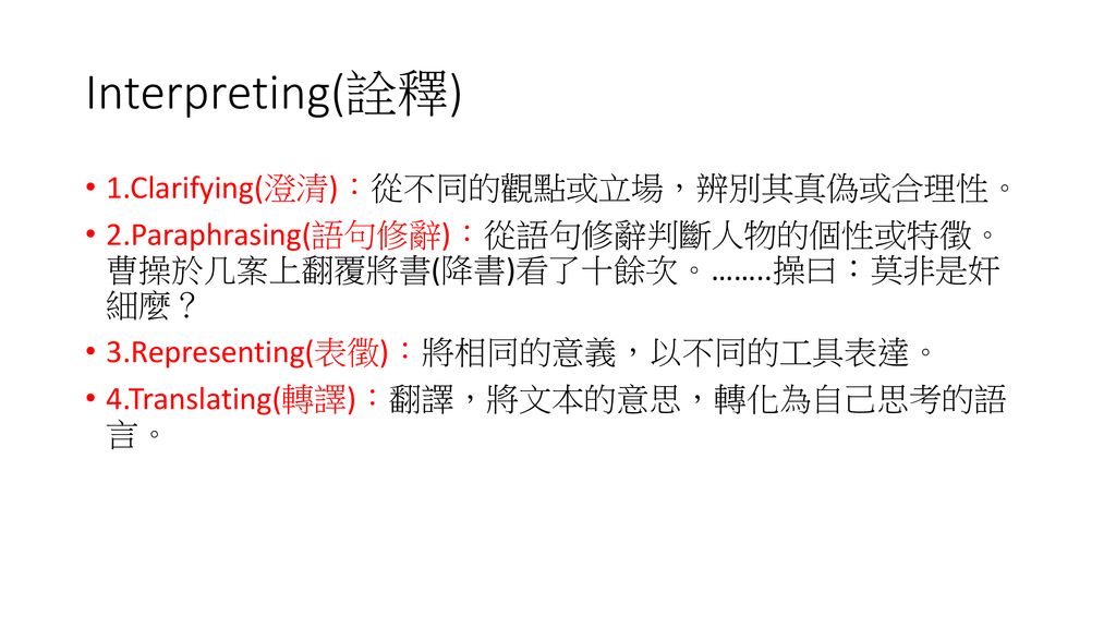 Interpreting(詮釋) 1.Clarifying(澄清)：從不同的觀點或立場，辨別其真偽或合理性。