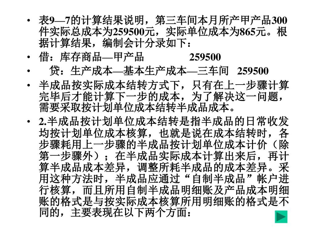 表9—7的计算结果说明，第三车间本月所产甲产品300件实际总成本为259500元，实际单位成本为865元。根据计算结果，编制会计分录如下：