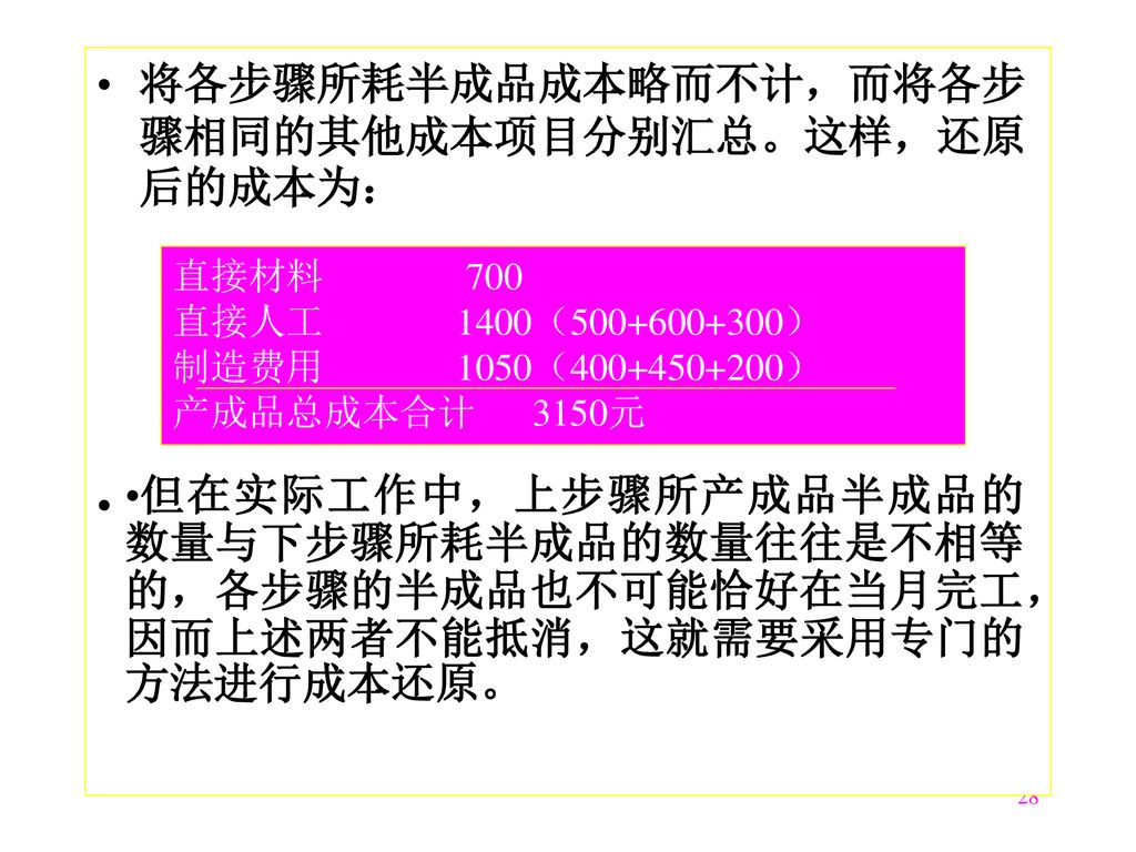 将各步骤所耗半成品成本略而不计，而将各步骤相同的其他成本项目分别汇总。这样，还原后的成本为：