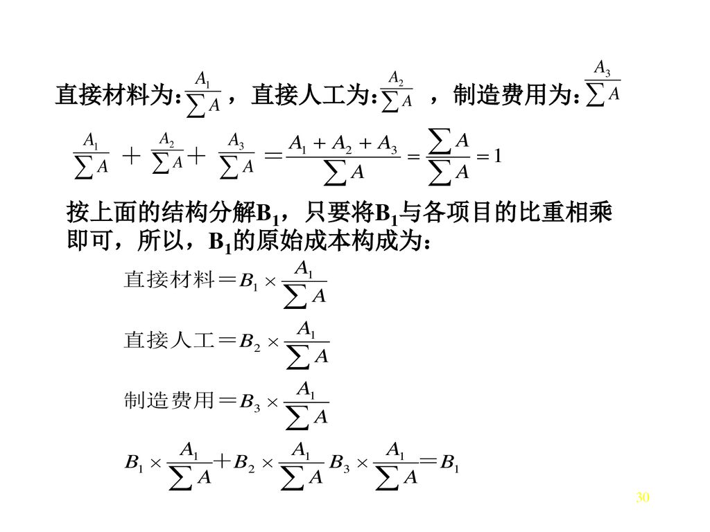 直接材料为： ，直接人工为： ，制造费用为：