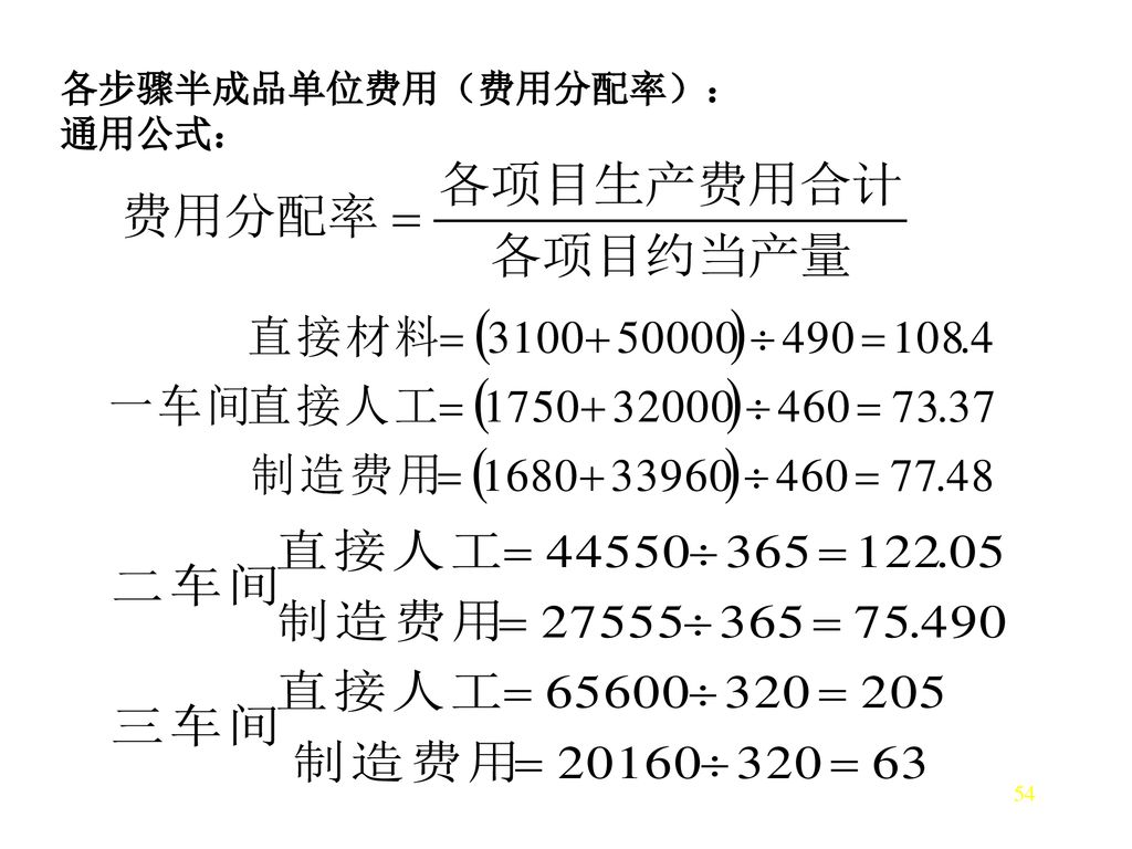 各步骤半成品单位费用（费用分配率）： 通用公式：