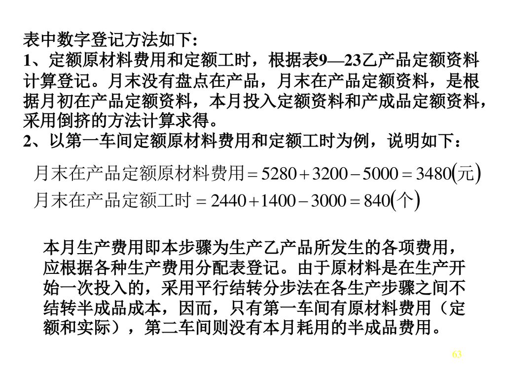 表中数字登记方法如下: 1、定额原材料费用和定额工时，根据表9—23乙产品定额资料计算登记。月末没有盘点在产品，月末在产品定额资料，是根据月初在产品定额资料，本月投入定额资料和产成品定额资料，采用倒挤的方法计算求得。