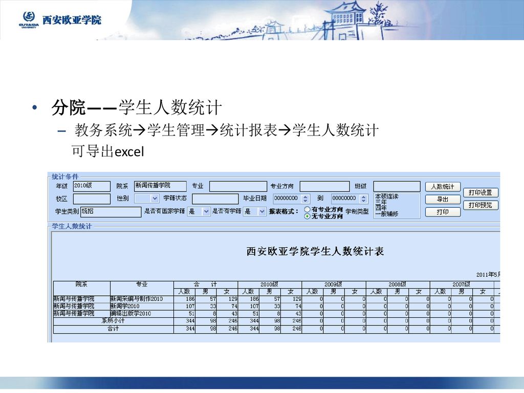 分院——学生人数统计 教务系统学生管理统计报表学生人数统计 可导出excel