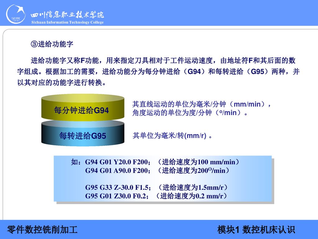 ③进给功能字 进给功能字又称F功能，用来指定刀具相对于工件运动速度，由地址符F和其后面的数字组成。根据加工的需要，进给功能分为每分钟进给（G94）和每转进给（G95）两种，并以其对应的功能字进行转换。