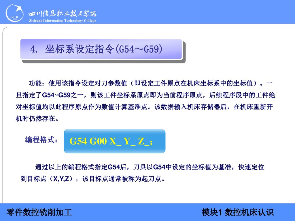 4. 坐标系设定指令(G54～G59) G54 G00 X_ Y_ Z_； 编程格式：