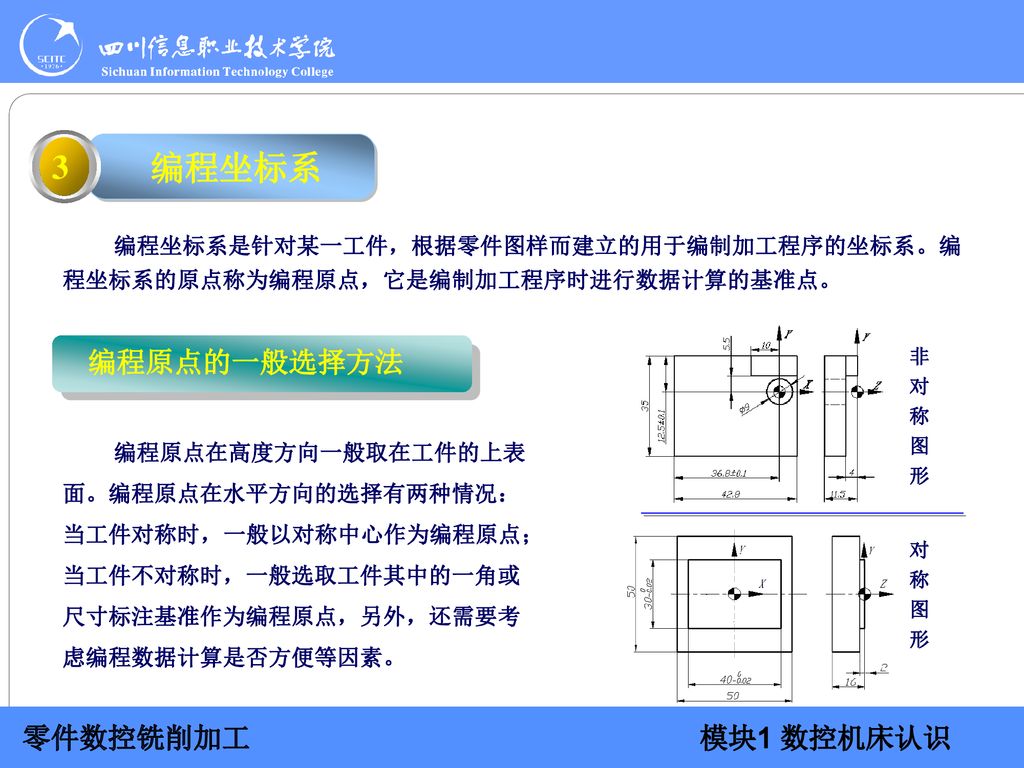 编程坐标系 3. 编程坐标系是针对某一工件，根据零件图样而建立的用于编制加工程序的坐标系。编程坐标系的原点称为编程原点，它是编制加工程序时进行数据计算的基准点。 编程原点的一般选择方法. 非对称图形.