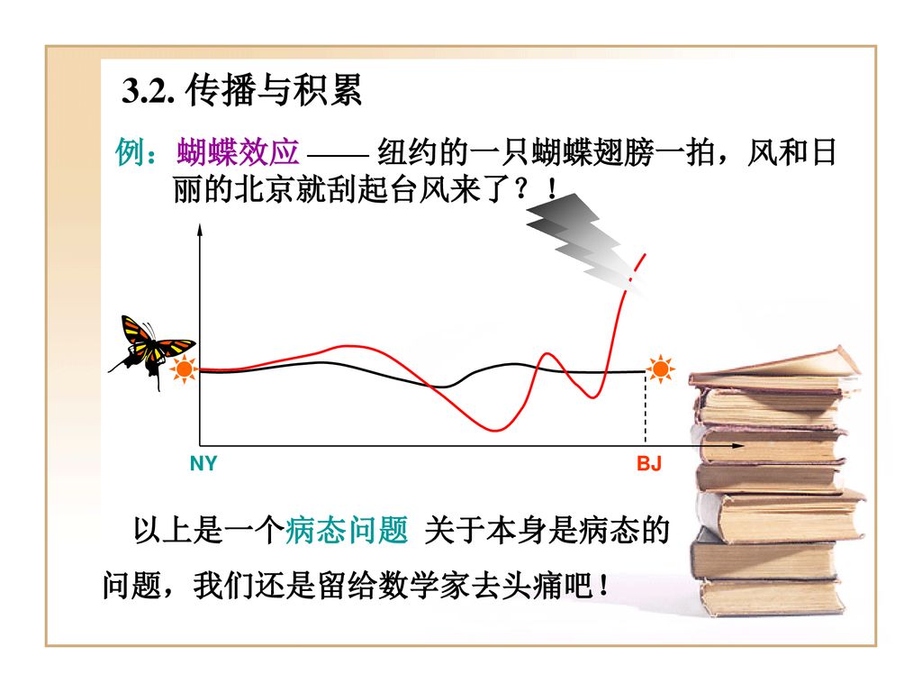 3.2. 传播与积累 例：蝴蝶效应 —— 纽约的一只蝴蝶翅膀一拍，风和日丽的北京就刮起台风来了？！ 以上是一个病态问题 关于本身是病态的