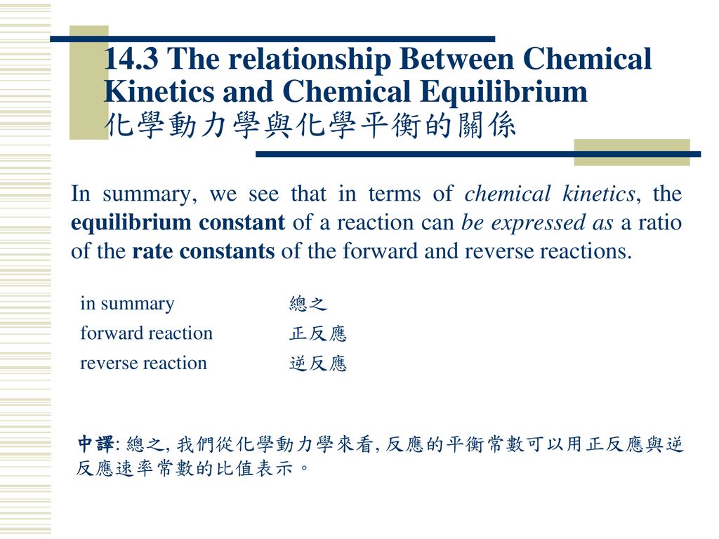 14.3 The relationship Between Chemical Kinetics and Chemical Equilibrium 化學動力學與化學平衡的關係