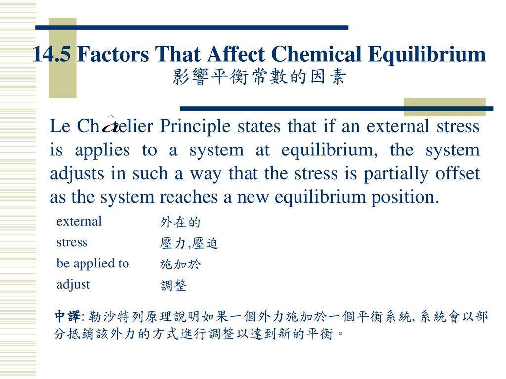 14.5 Factors That Affect Chemical Equilibrium 影響平衡常數的因素