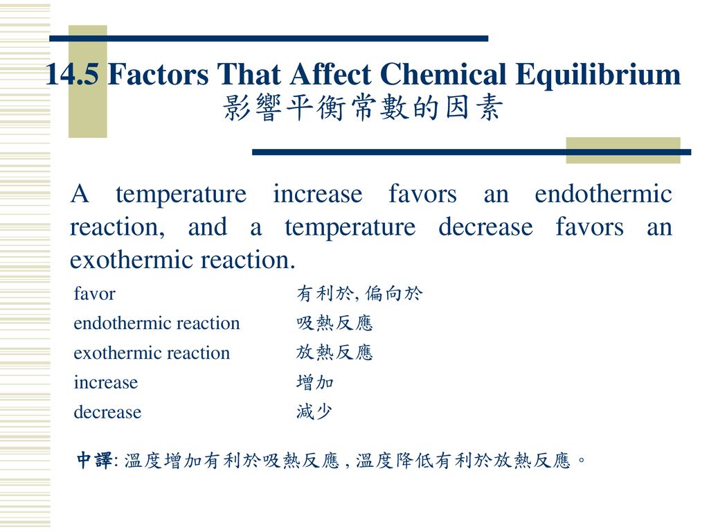 14.5 Factors That Affect Chemical Equilibrium 影響平衡常數的因素