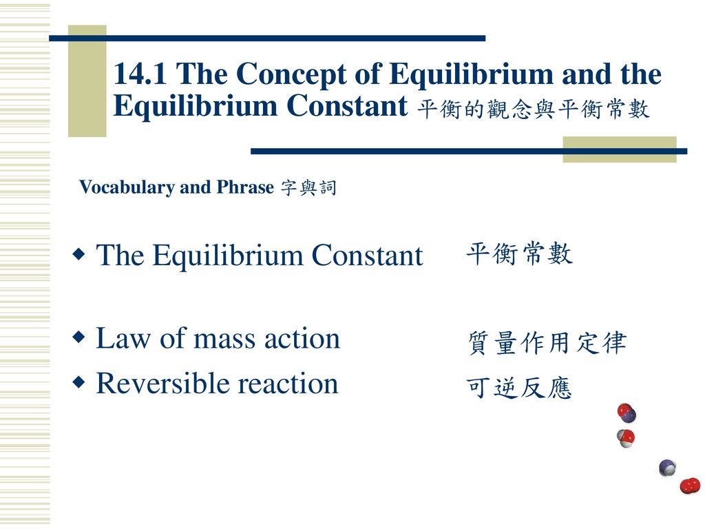 The Equilibrium Constant Law of mass action Reversible reaction