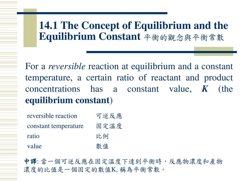 14.1 The Concept of Equilibrium and the Equilibrium Constant 平衡的觀念與平衡常數