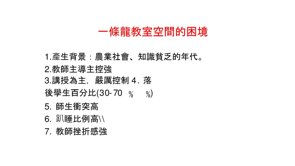 一條龍教室空間的困境 產生背景：農業社會、知識貧乏的年代。 教師主導主控強 講授為主，嚴厲控制 4. 落後學生百分比(30-70 )