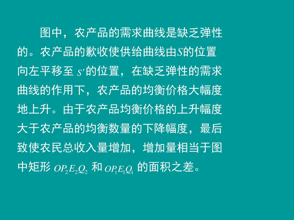 图中，农产品的需求曲线是缺乏弹性的。农产品的歉收使供给曲线由S的位置向左平移至 的位置，在缺乏弹性的需求曲线的作用下，农产品的均衡价格大幅度地上升。由于农产品均衡价格的上升幅度大于农产品的均衡数量的下降幅度，最后致使农民总收入量增加，增加量相当于图中矩形 和 的面积之差。