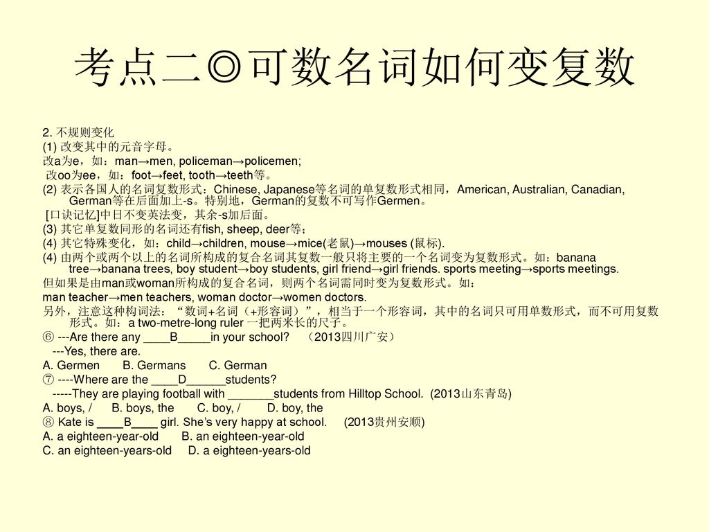 考点二◎可数名词如何变复数 2. 不规则变化 (1) 改变其中的元音字母。