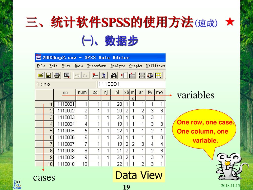 三、统计软件SPSS的使用方法(速成) ★ ㈠、数据步 variables Data View cases