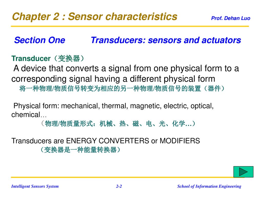 Chapter 2 : Sensor characteristics Prof. Dehan Luo