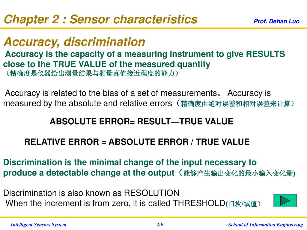 Chapter 2 : Sensor characteristics Prof. Dehan Luo