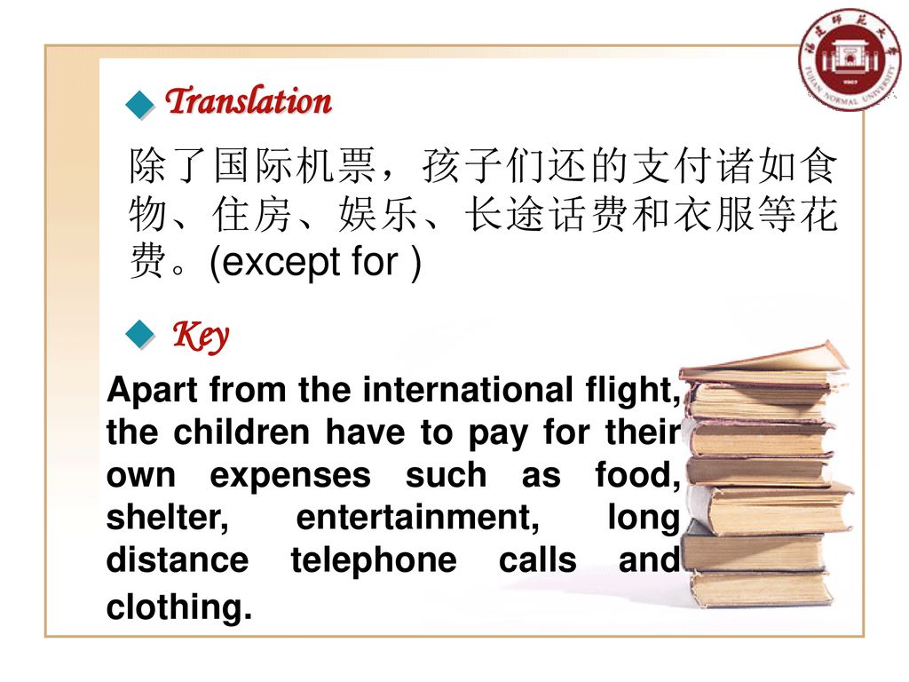 除了国际机票，孩子们还的支付诸如食物、住房、娱乐、长途话费和衣服等花费。(except for )