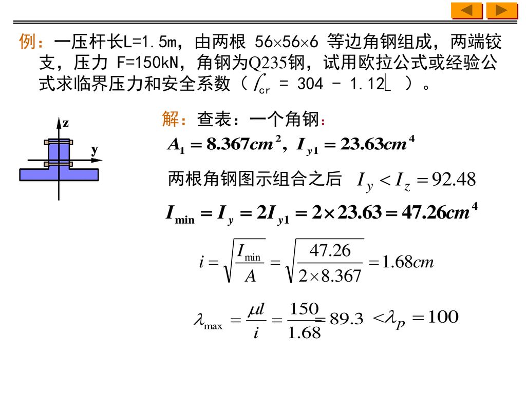 例：一压杆长L=1.5m，由两根 56566 等边角钢组成，两端铰支，压力 F=150kN，角钢为Q235钢，试用欧拉公式或经验公式求临界压力和安全系数（σcr = λ ）。