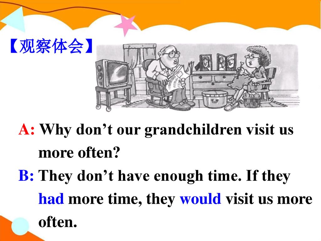 【观察体会】 A: Why don’t our grandchildren visit us. more often B: They don’t have enough time. If they.