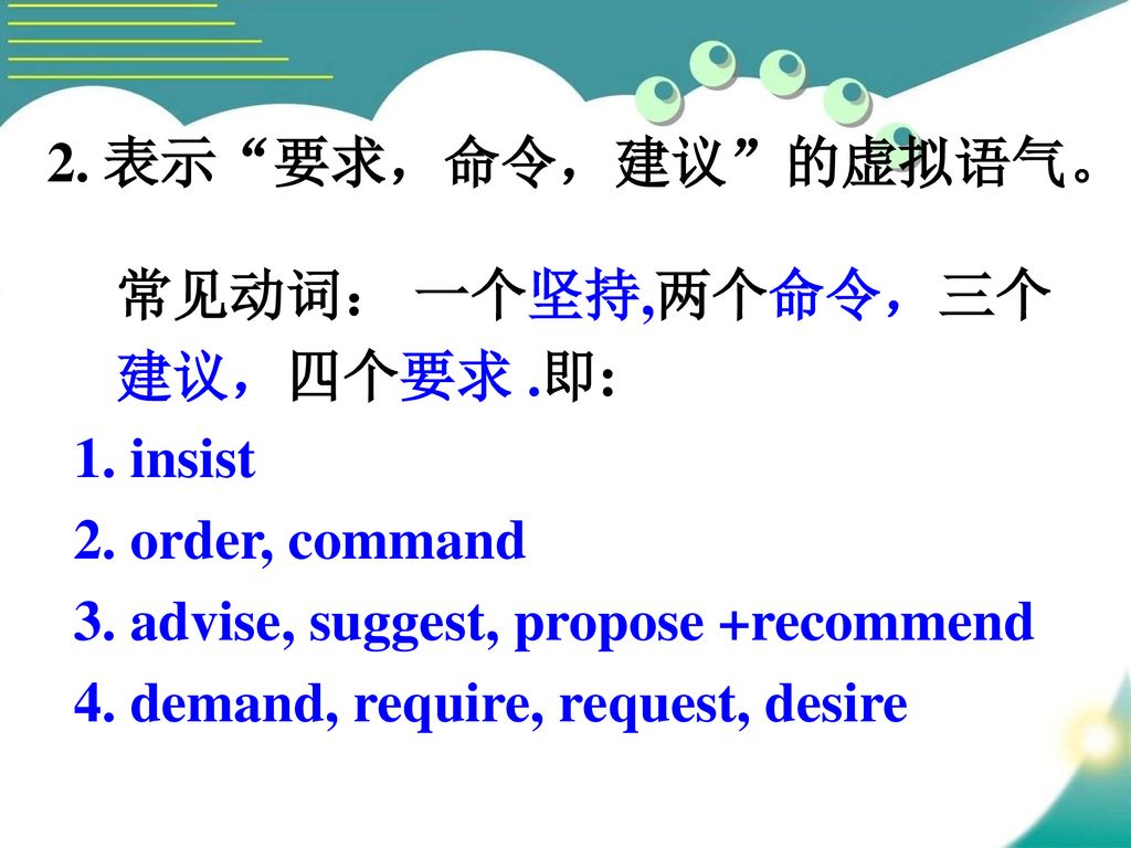 2. 表示 要求，命令，建议 的虚拟语气。 常见动词： 一个坚持,两个命令，三个建议，四个要求 .即: insist. 2. order, command. 3. advise, suggest, propose +recommend.