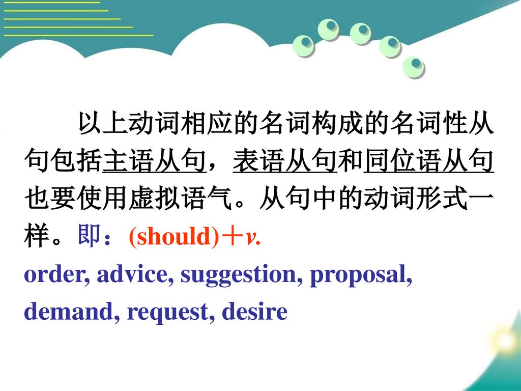 以上动词相应的名词构成的名词性从 句包括主语从句，表语从句和同位语从句. 也要使用虚拟语气。从句中的动词形式一. 样。即：(should)＋v. order, advice, suggestion, proposal,