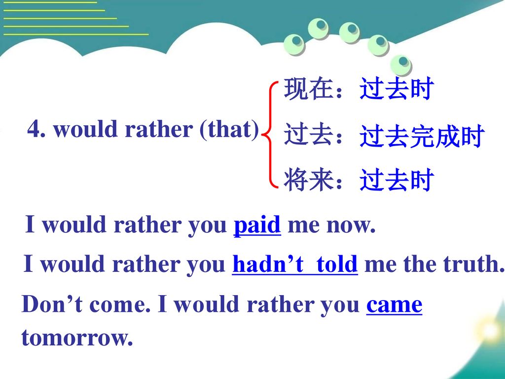 现在： 过去： 将来： 过去时. 4. would rather (that) 过去完成时. 过去时. I would rather you paid me now. I would rather you hadn’t told me the truth.