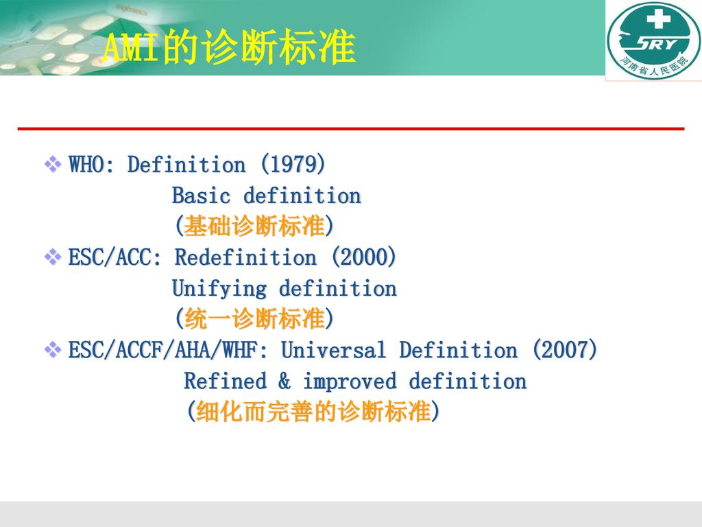 AMI的诊断标准 WHO: Definition (1979) Basic definition (基础诊断标准)