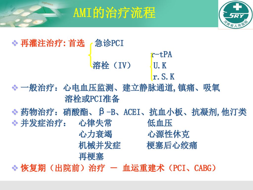 AMI的治疗流程 再灌注治疗: 首选 急诊PCI r-tPA 溶栓（IV） U.K r.S.K