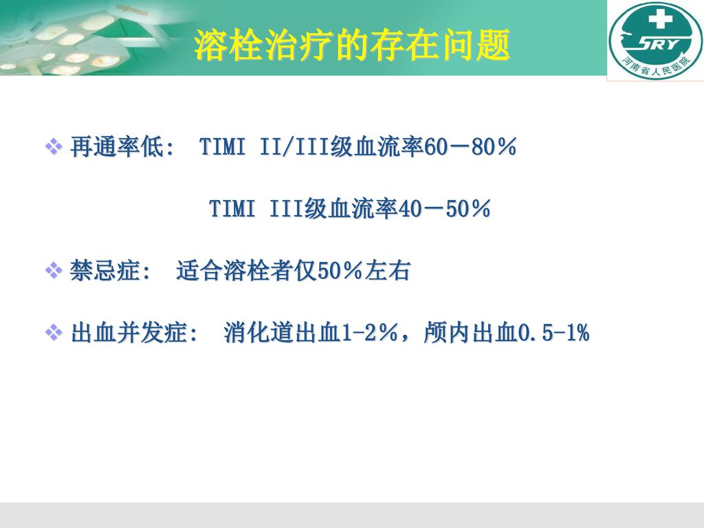 溶栓治疗的存在问题 再通率低: TIMI II/III级血流率60－80％ TIMI III级血流率40－50％