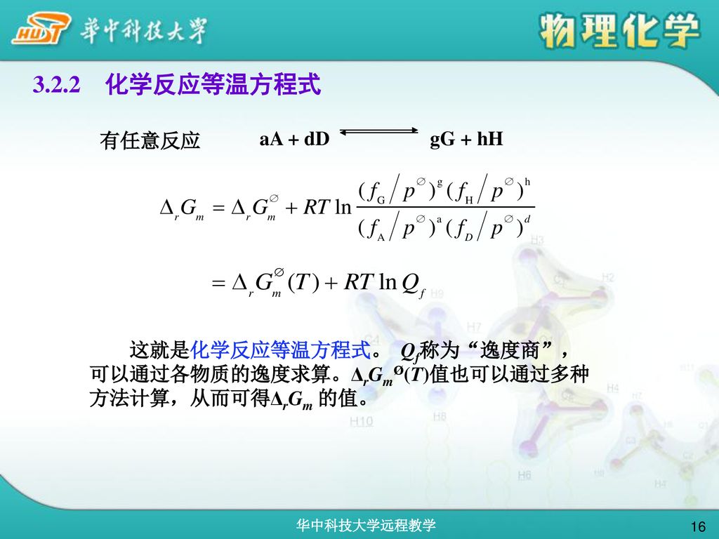 3.2.2 化学反应等温方程式 aA + dD gG + hH 有任意反应