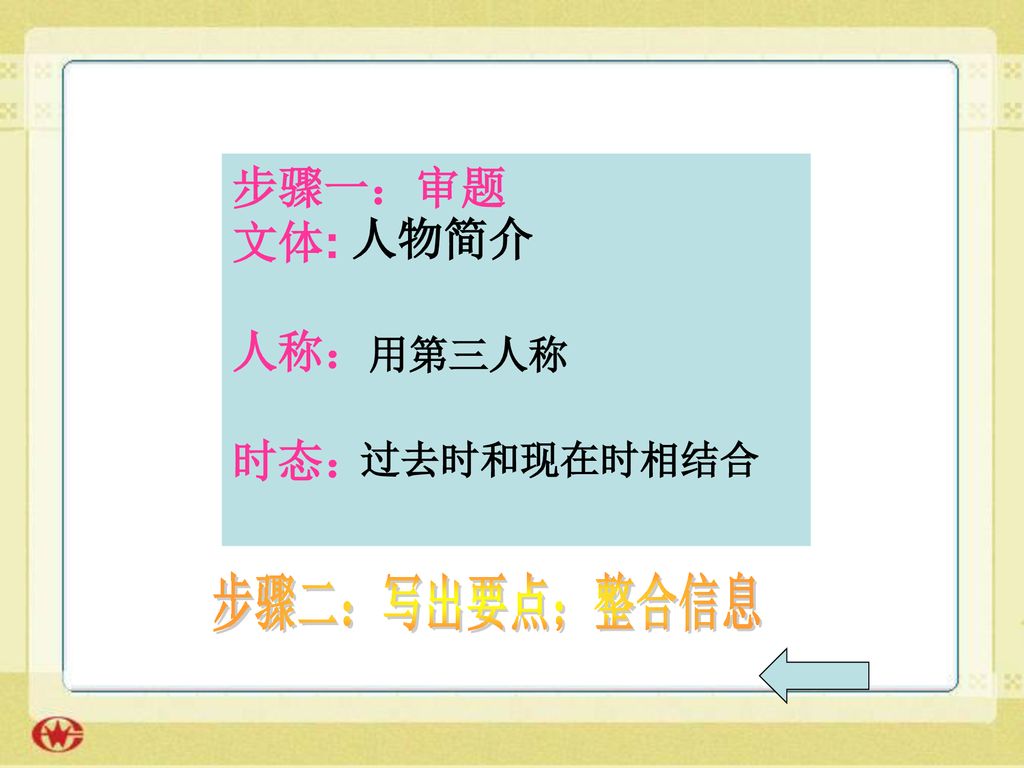 步骤一：审题 文体: 人称： 时态： 人物简介 用第三人称 过去时和现在时相结合 步骤二：写出要点；整合信息