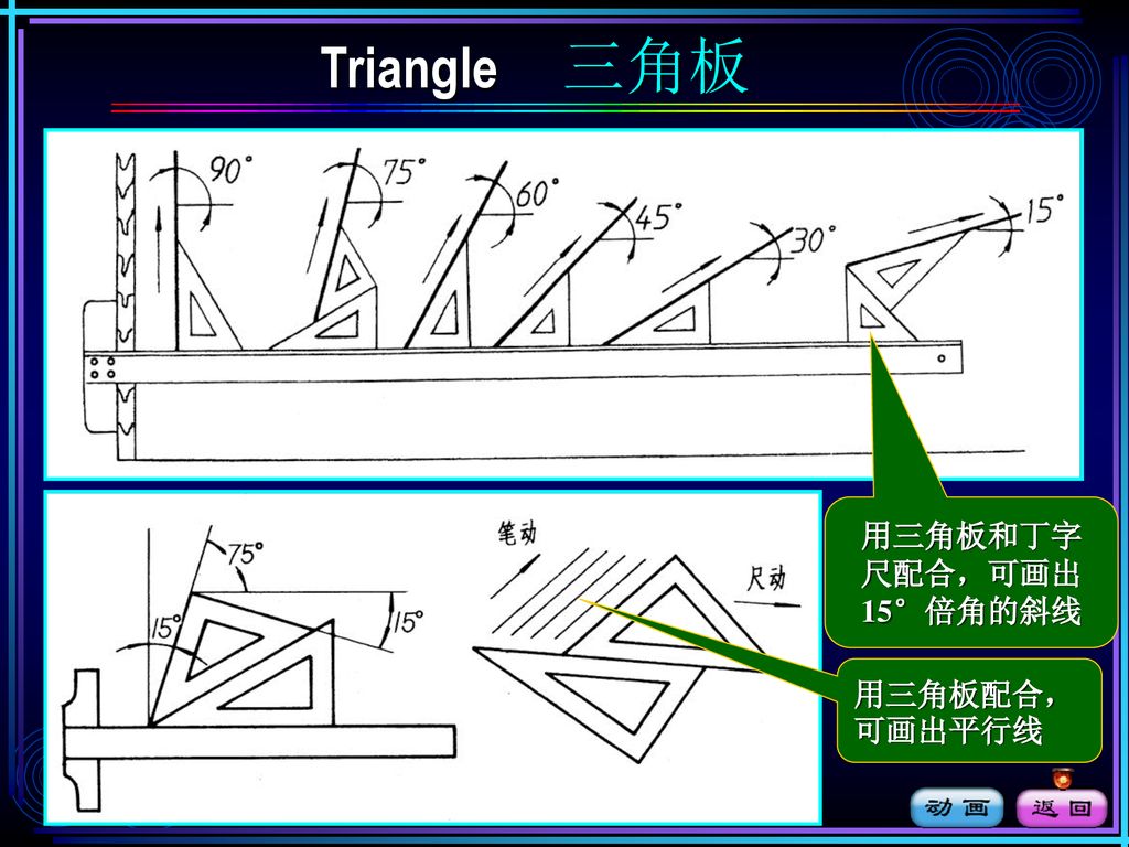 Triangle 三角板 用三角板和丁字 尺配合，可画出 15°倍角的斜线 用三角板配合，可画出平行线