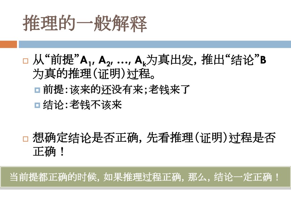 当前提都正确的时候，如果推理过程正确，那么，结论一定正确！