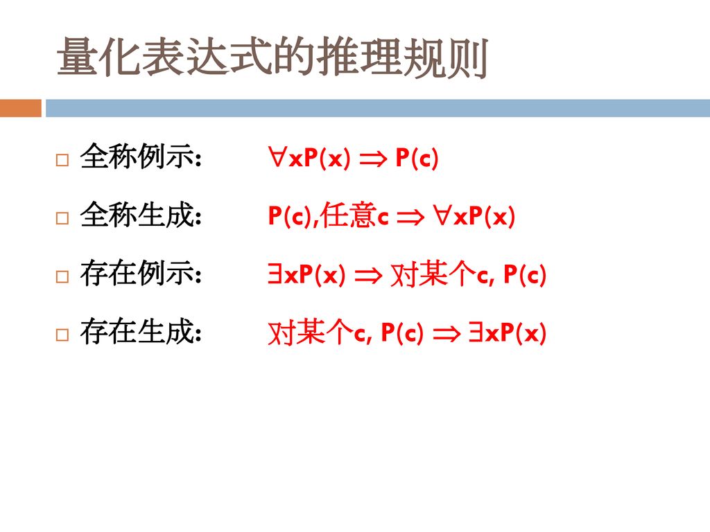 量化表达式的推理规则 全称例示: xP(x)  P(c) 全称生成: P(c),任意c  xP(x)