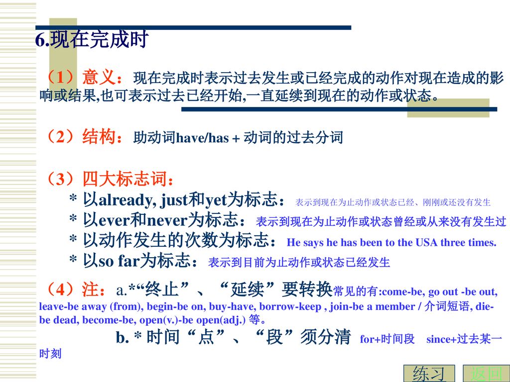 6.现在完成时 （1）意义：现在完成时表示过去发生或已经完成的动作对现在造成的影响或结果,也可表示过去已经开始,一直延续到现在的动作或状态。