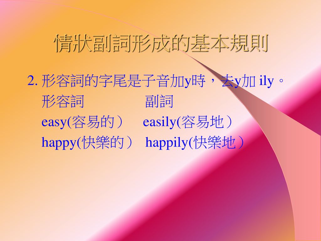 情狀副詞形成的基本規則 2. 形容詞的字尾是子音加y時，去y加 ily。 形容詞 副詞 easy(容易的） easily(容易地）